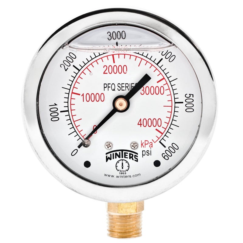 Winters 2-1/2" Dial Size, Liquid Filled Industrial Pressure Gauge, Brass Internals, Stainless Steel Case, Dual Scale 0-6,000 psi/kPa, 1.5% Acc, 1/4" NPT Bottom Mount, Glycerin Filled Pressure Gauge